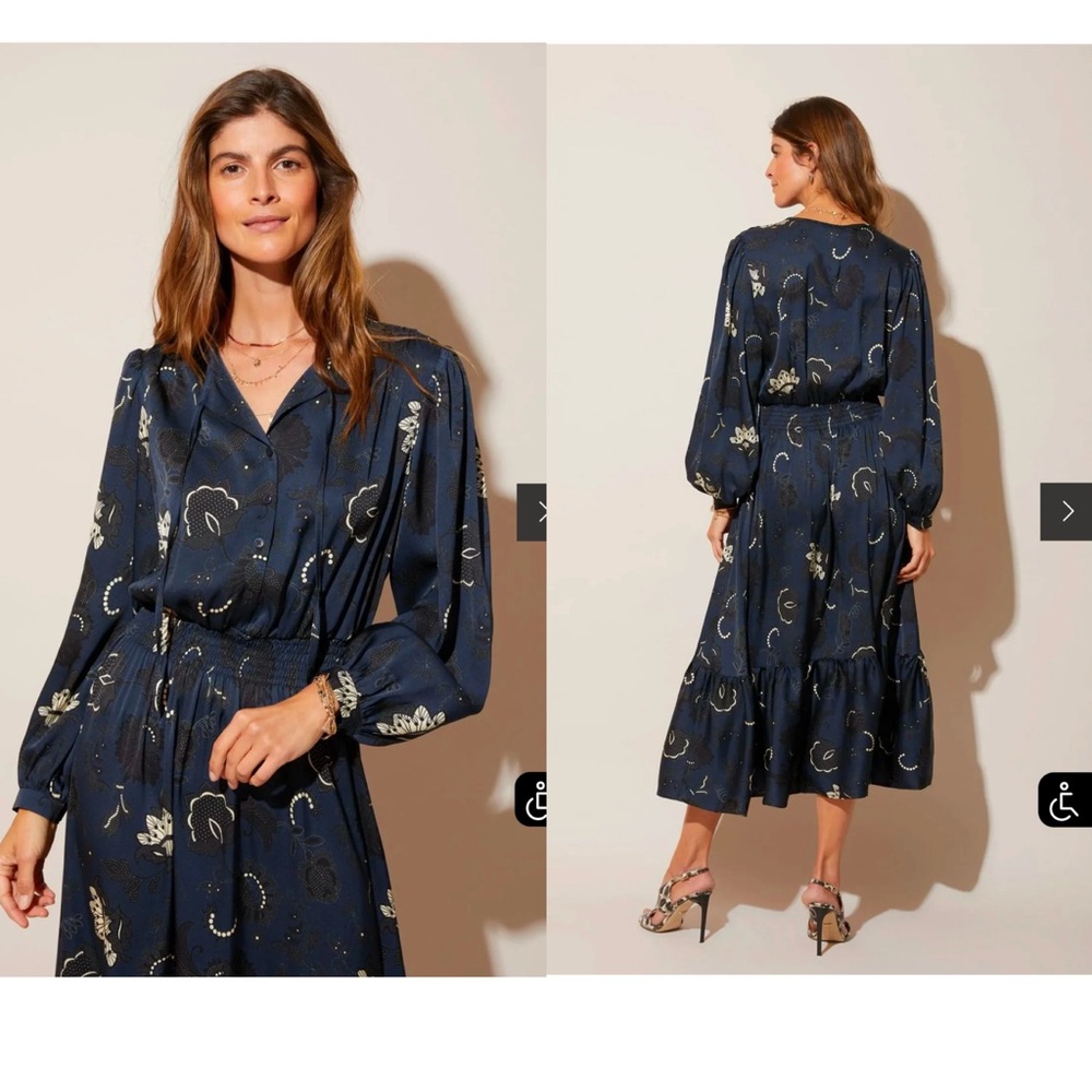Tucker NYC Silk Juliette Legacy Lace Midnight Blue Floral Long Sleeve Dress Sz L